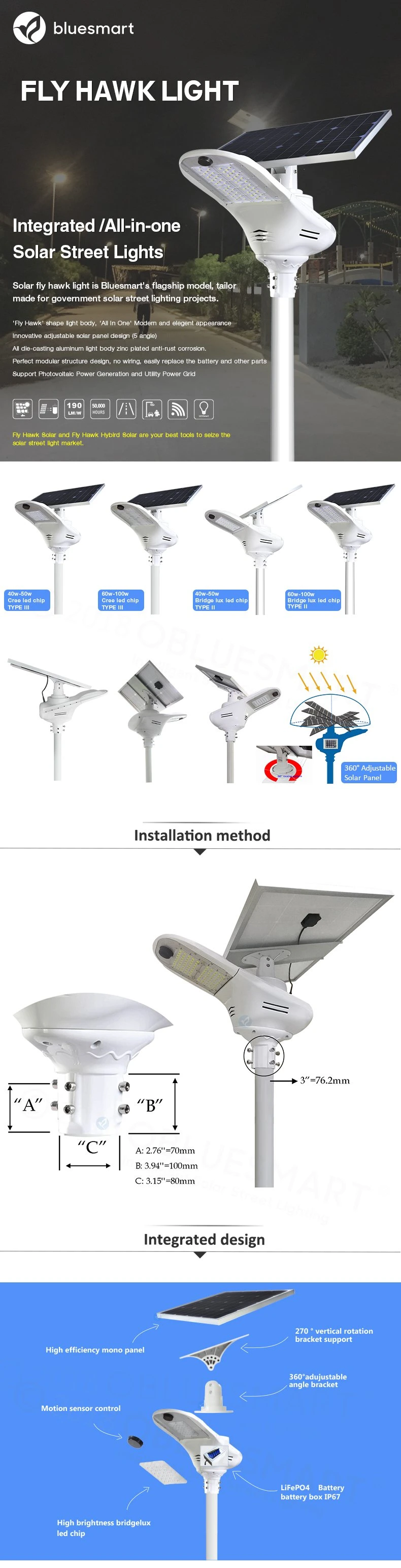 15W High Capacity Lithium-Ion Battery Solar Street Light for Pathway