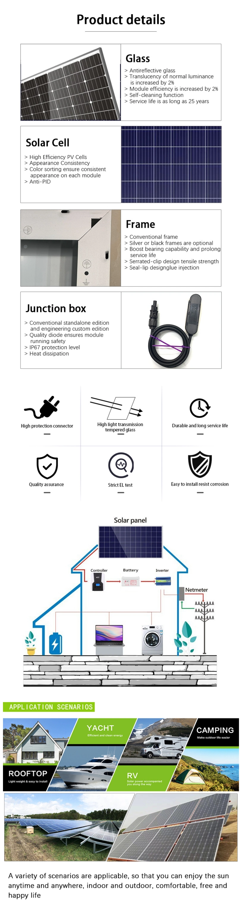 High Efficiency 100 200 300 400 500 Watt 12 Volt Module off Grid Solar Energy System Monocrystalline Solar Panel